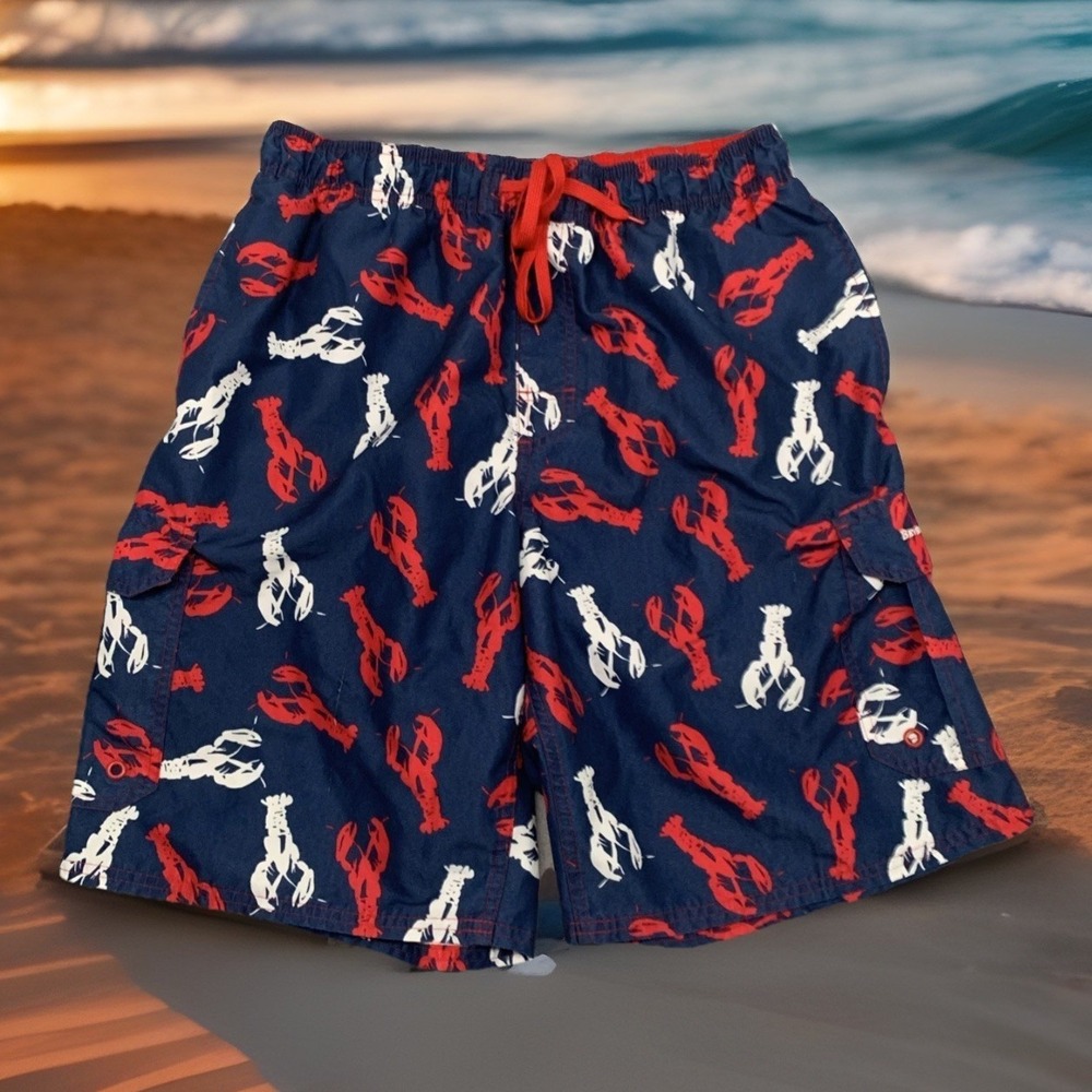 Beverly Hills Polo Club‎ Swim Trunks Board Shorts Lobster Print Red Blue Casual